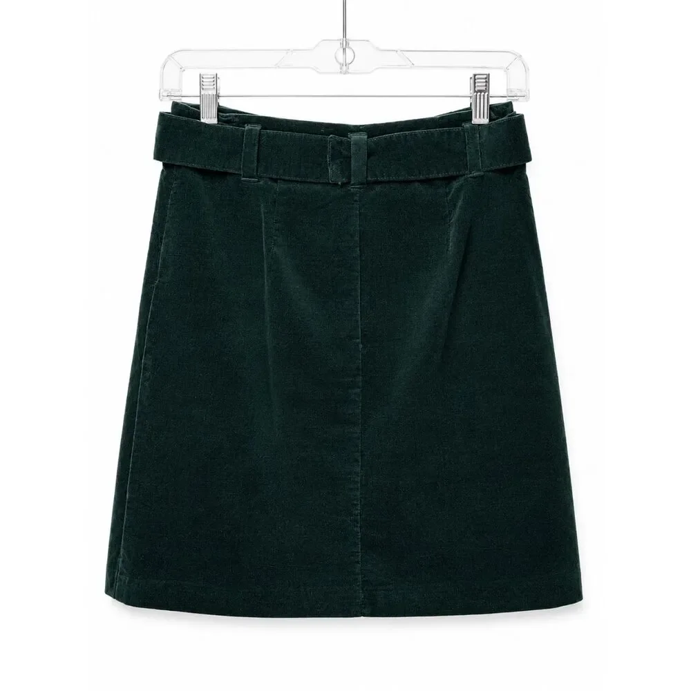 Cremieux Women's Forest Green Corduroy Mini Skirt Size 0 Belted Cotton Stretch